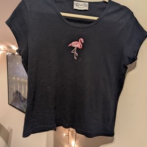 R&B Black Top with Pink Flamingo Embroidery